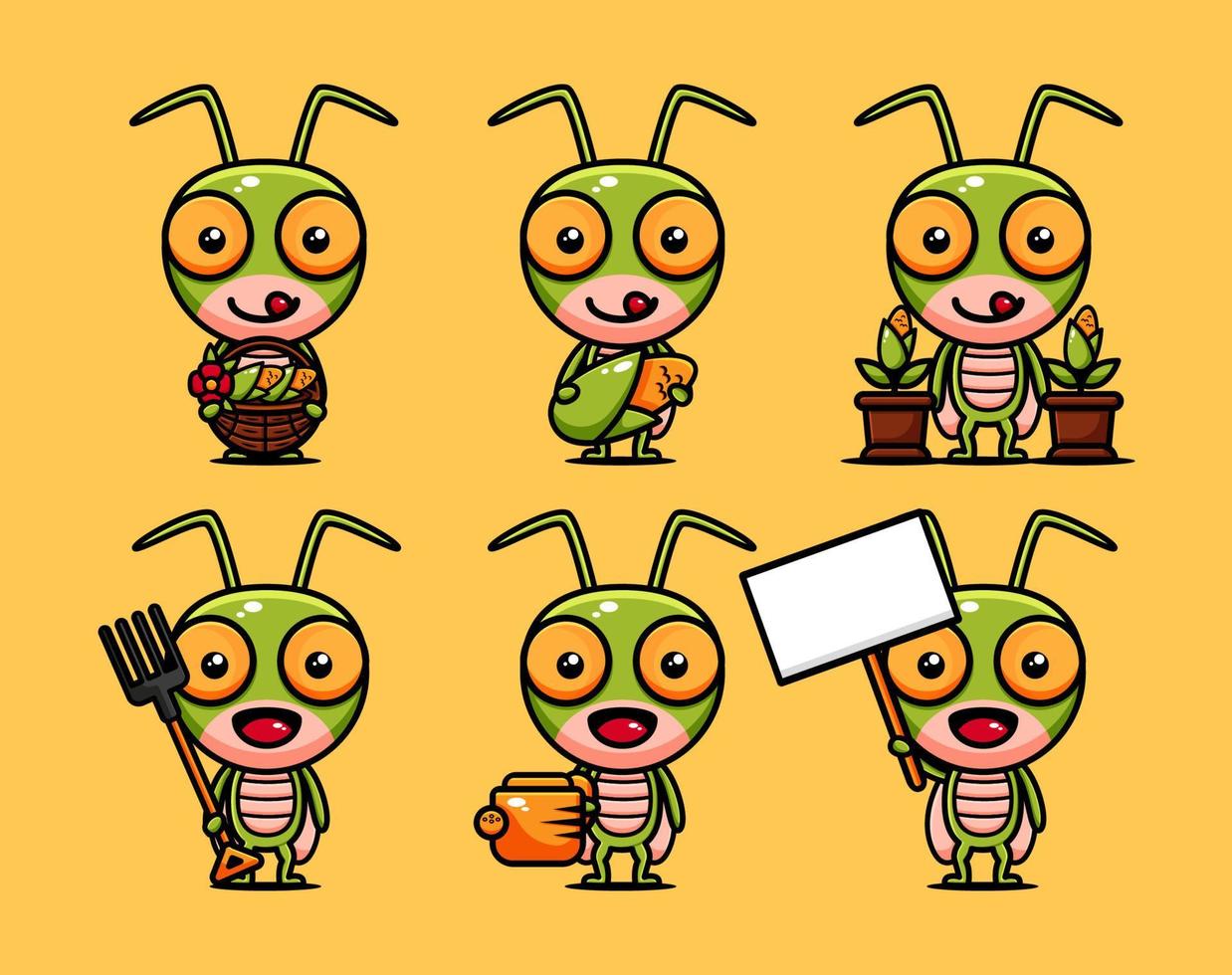 Cute grasshopper farmer character design set with agricultural equipments vector