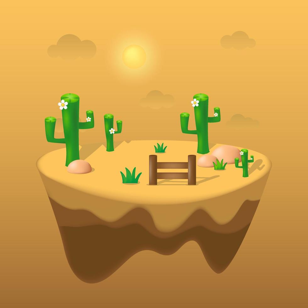 isla desierta flotante en ilustración plana con pirámide, cactus y panorama de arena. fondo vectorial del desierto apto para portada, ilustración, pancarta, afiche, etc. vector