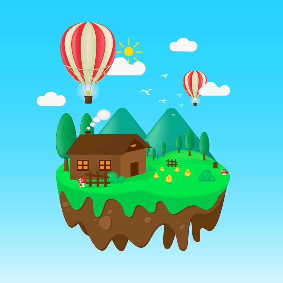 Floating island in flat illustration with mountain, hill, and air balloon. Village panorama illustration. Summer vector background fit for cover, illustration, banner, poster ect.