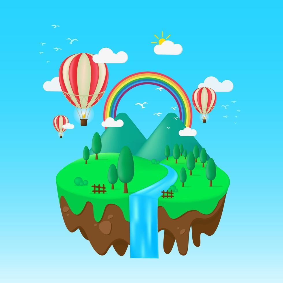 Floating island in flat illustration. Rainbow panorama illustration. vector