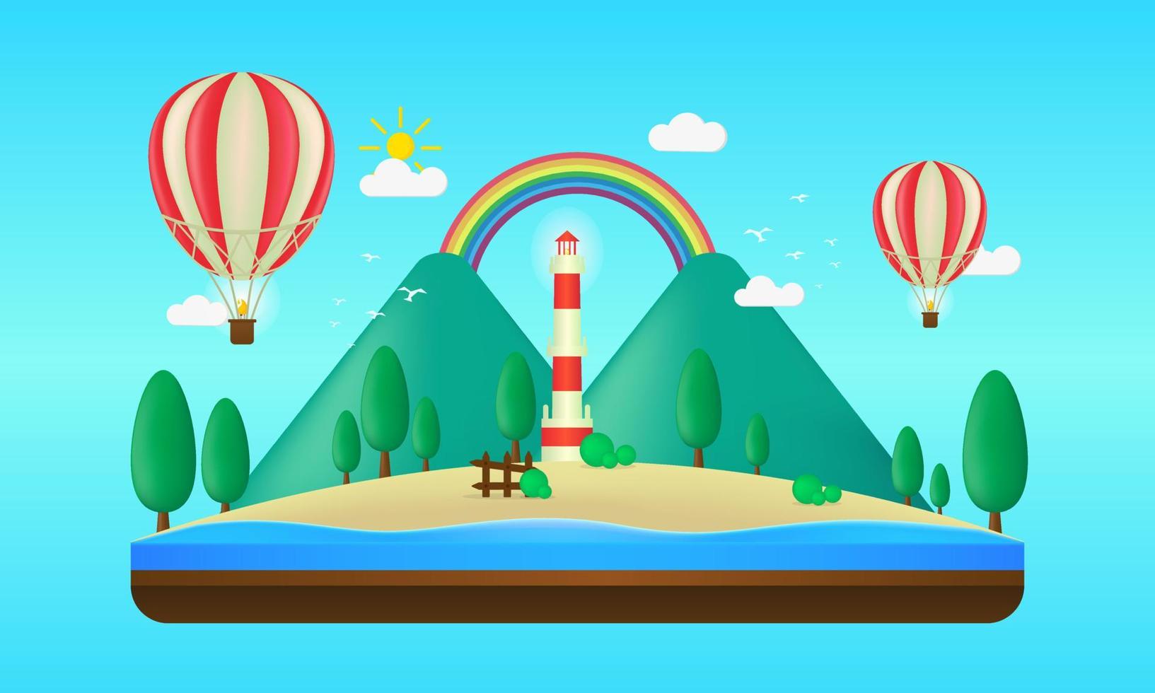 Floating island in flat illustration with mountain, sea, and air balloon. Rainbow panorama illustration. Summer vector background fit for cover, illustration, banner, poster ect.