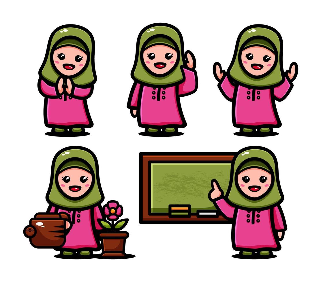 Cute moslem girls character design set with many exspression vector