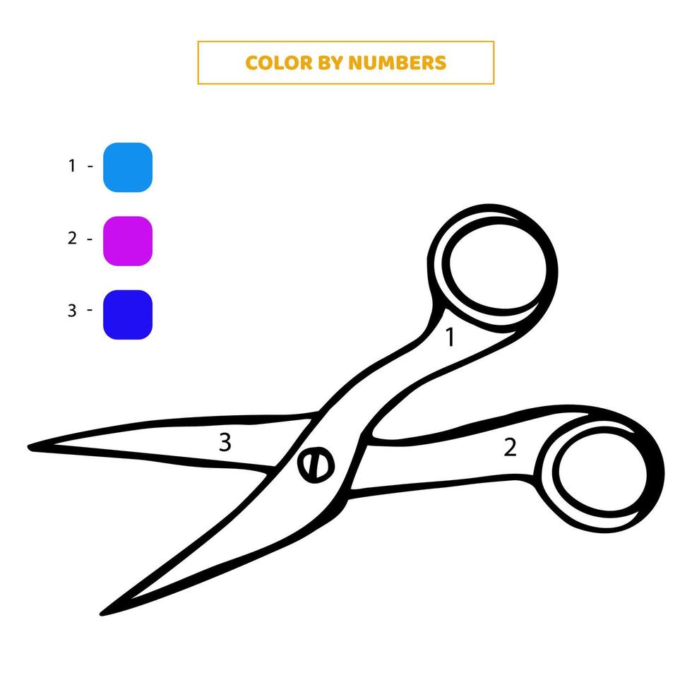 Color cute hand drawn scissors by numbers. Worksheet for kids. vector