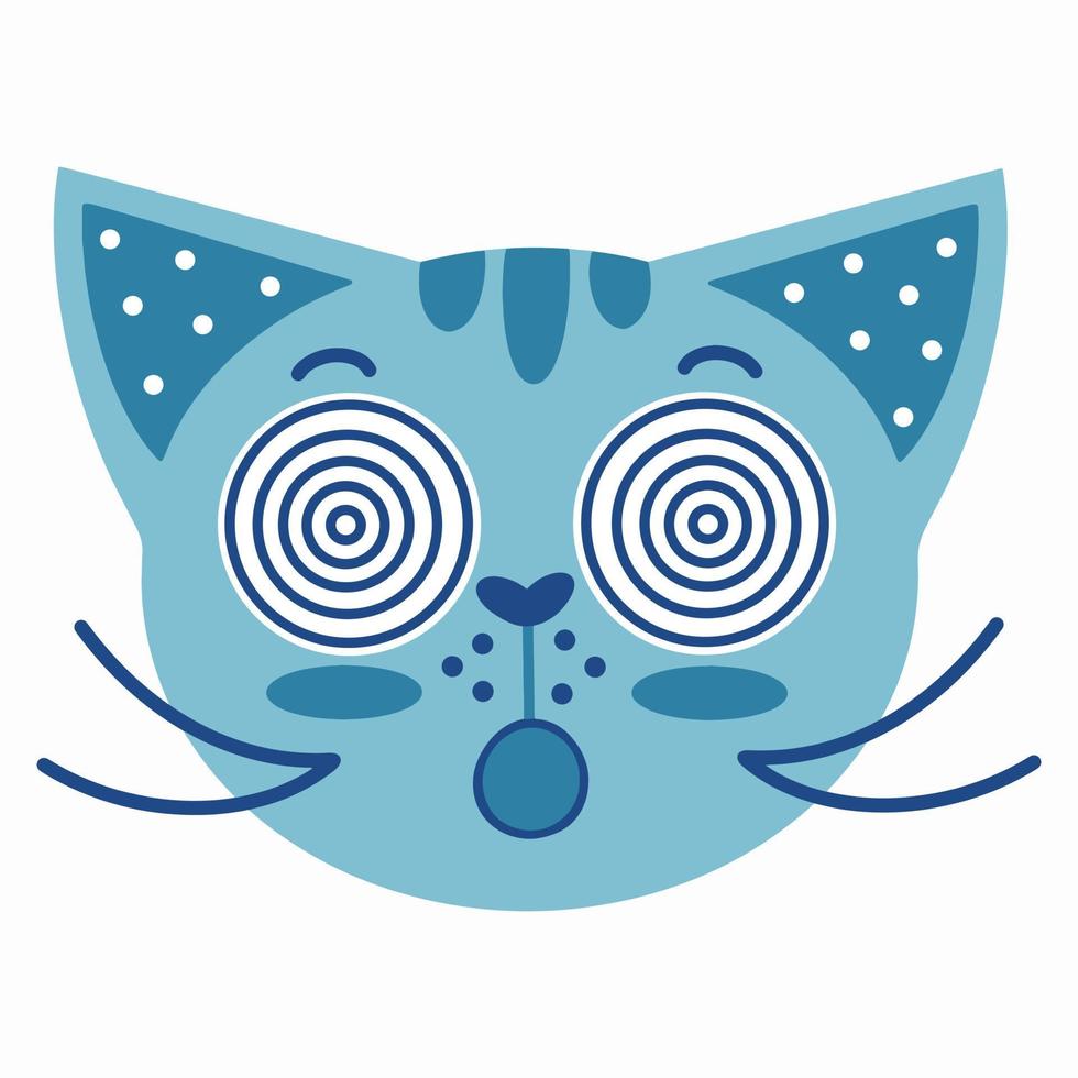 ilustración vectorial dibujada a mano de una cara de gato. cabeza de gato azul aislada sobre fondo blanco. gato sorprendido, mascota bajo hipnosis. estilo plano vector