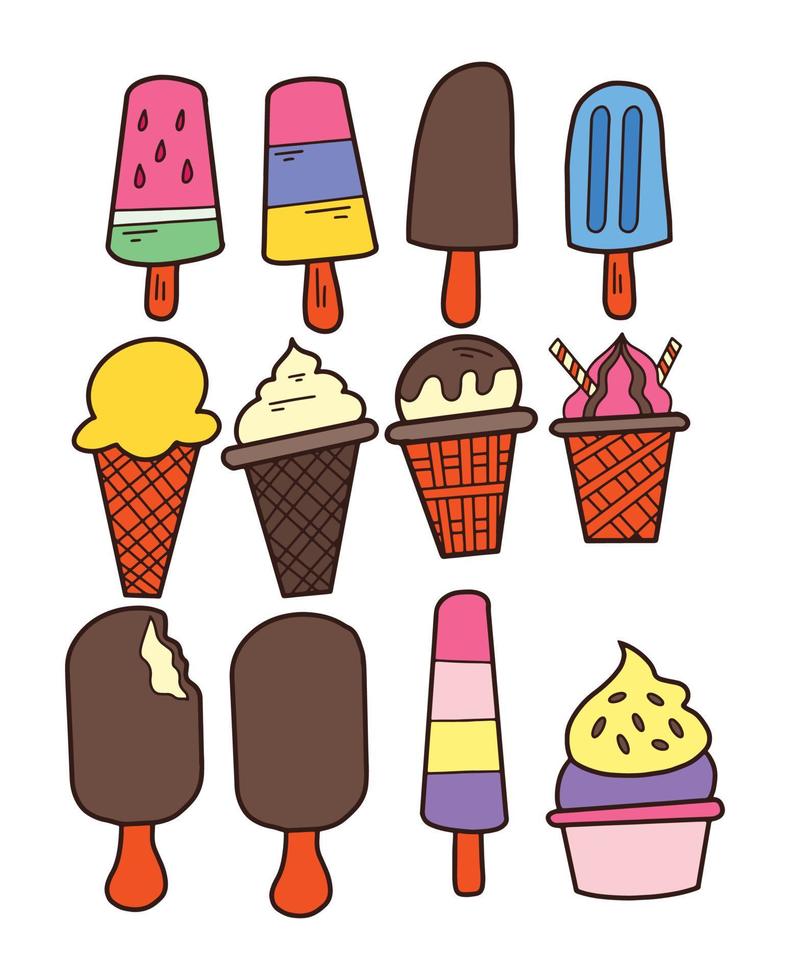 colección de ilustraciones de helados con estilo de color de garabato vector