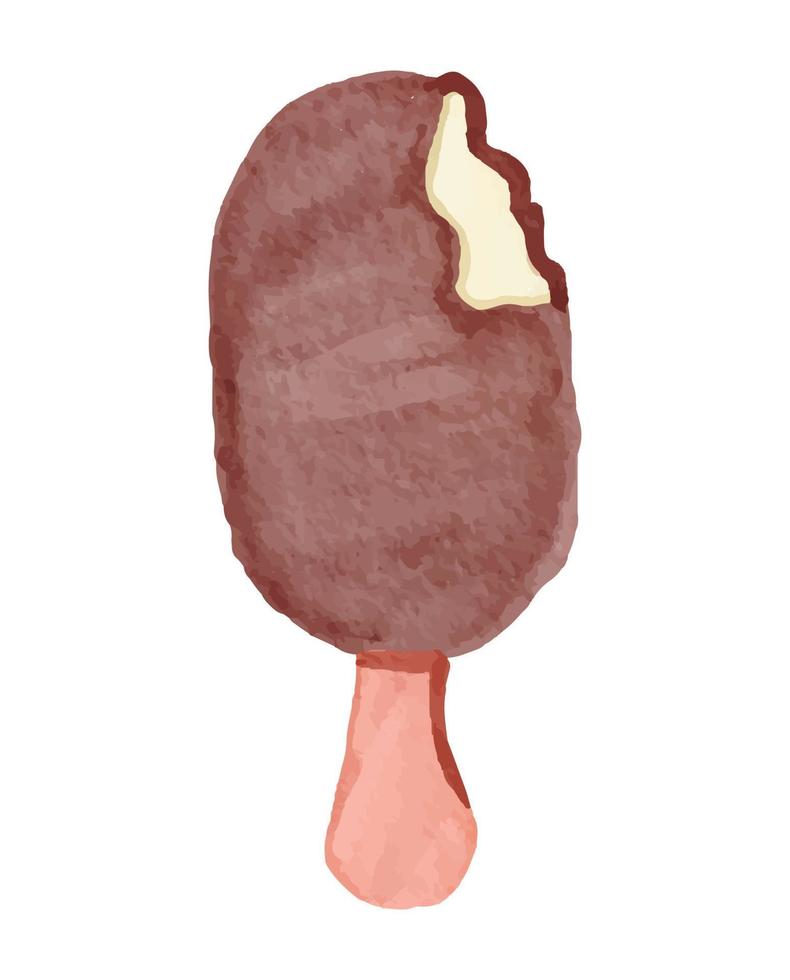Bitten Chocolate Ice Cream Stick Illustration with Watercolor Style vector