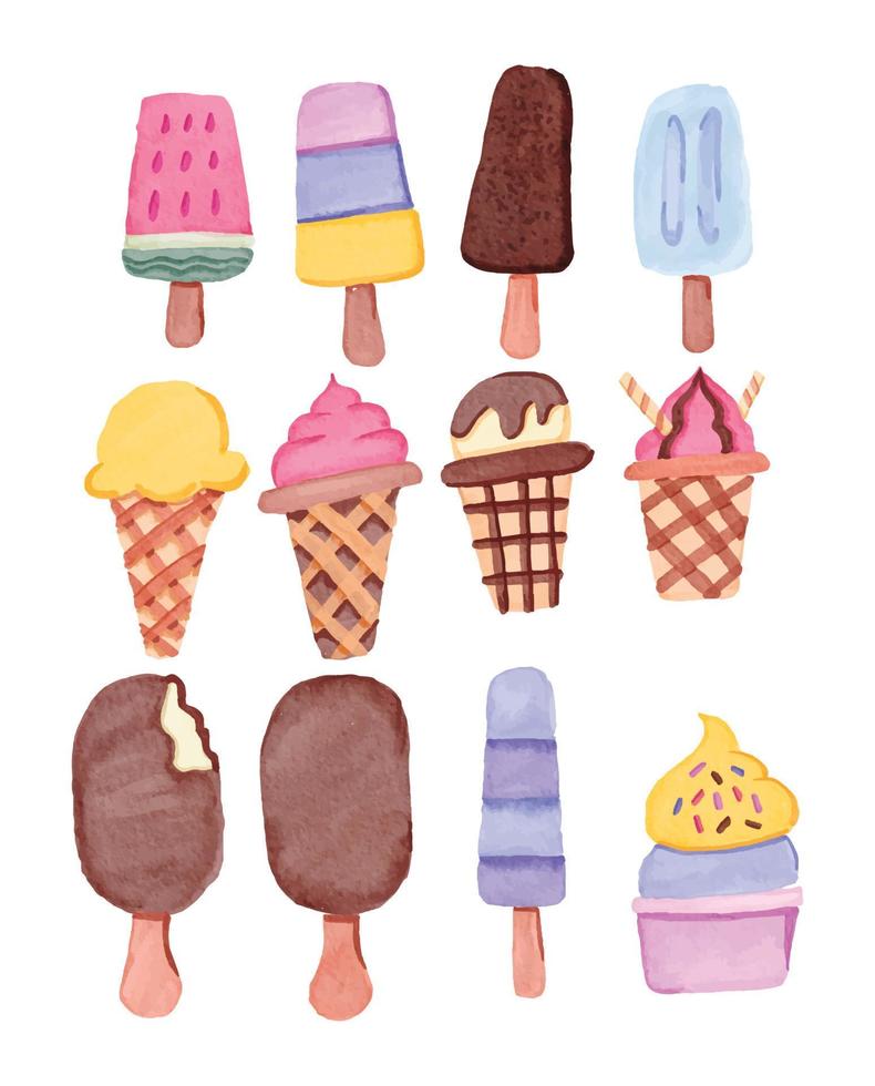 colección de ilustración de helado con estilo acuarela vector