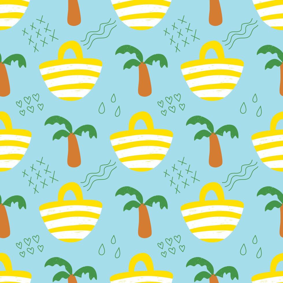 Seamless pattern with summer on blue background. Tote bags and coconut trees. vector