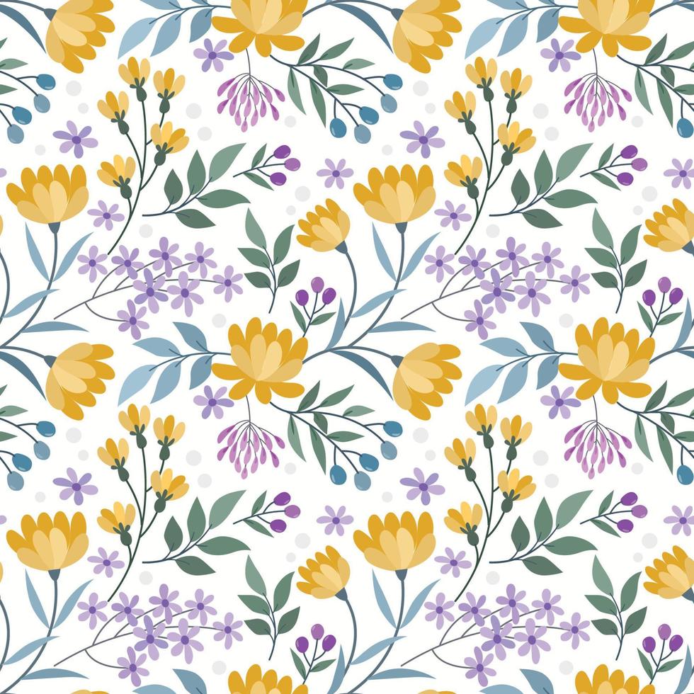 Blooming yellow flowers and small purple flowers seamless pattern. vector