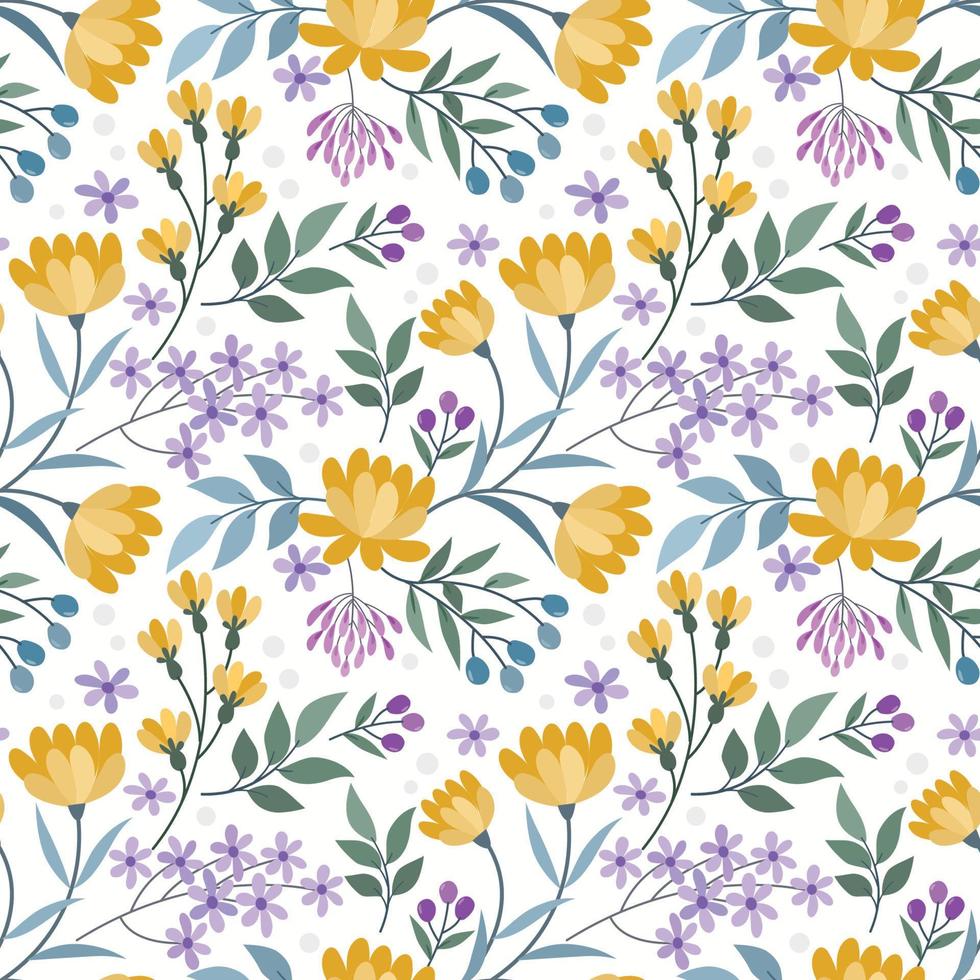 Blooming yellow flowers and small purple flowers seamless pattern. vector