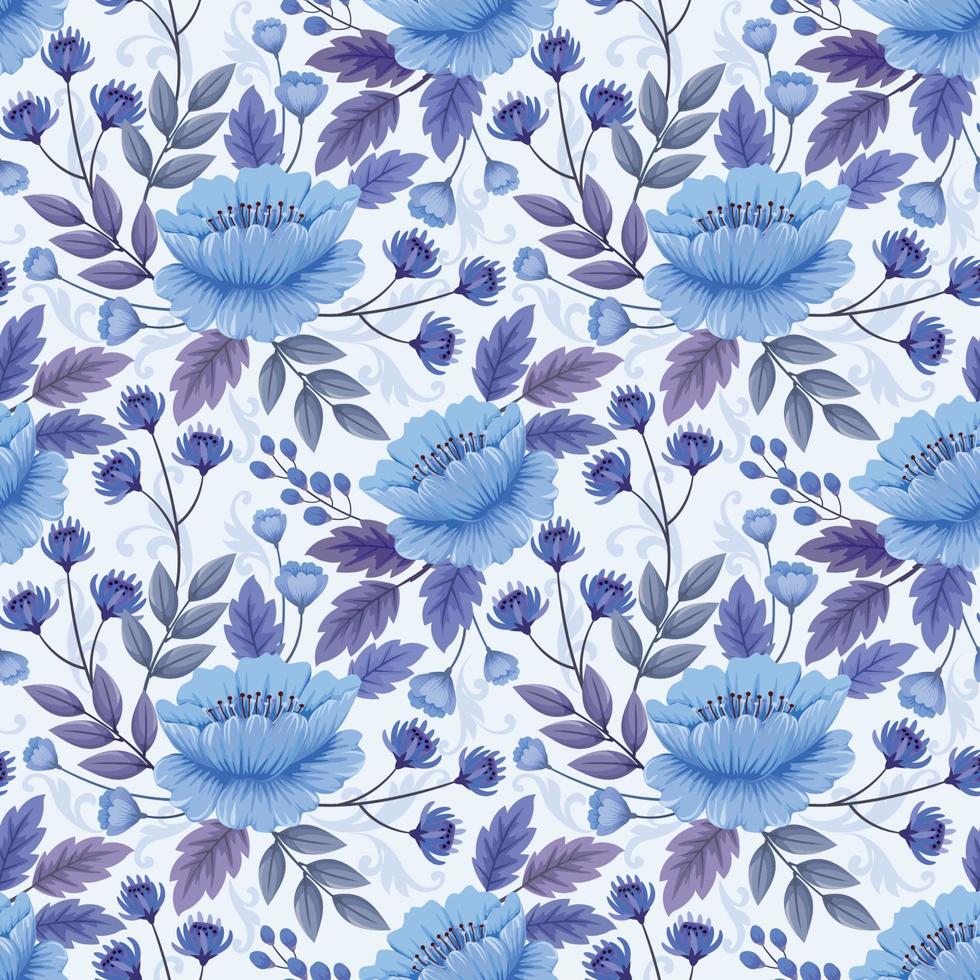 Monochrome blue flowers and leaves seamless pattern. vector