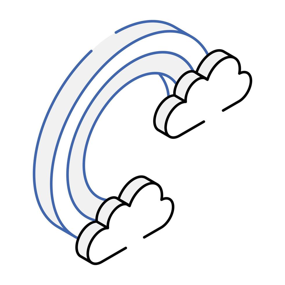 Clouds with rainbow showing pleasant weather, outline isometric icon vector