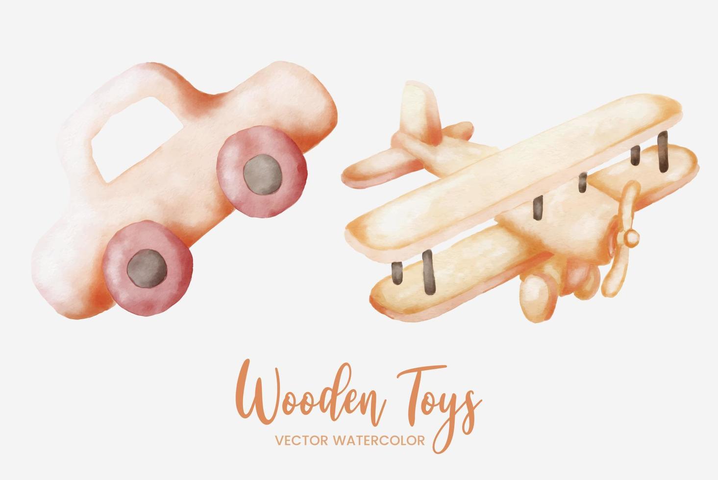 car and plane wooden toys watercolor set collection art graphic design illustration vector