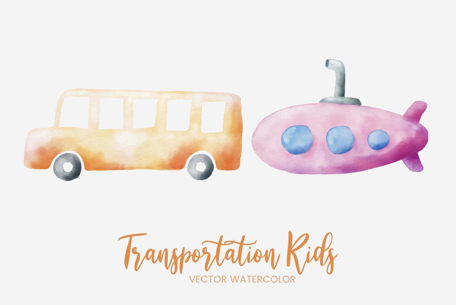 niños transporte autobús y submarino acuarela set colección arte diseño gráfico ilustración vector