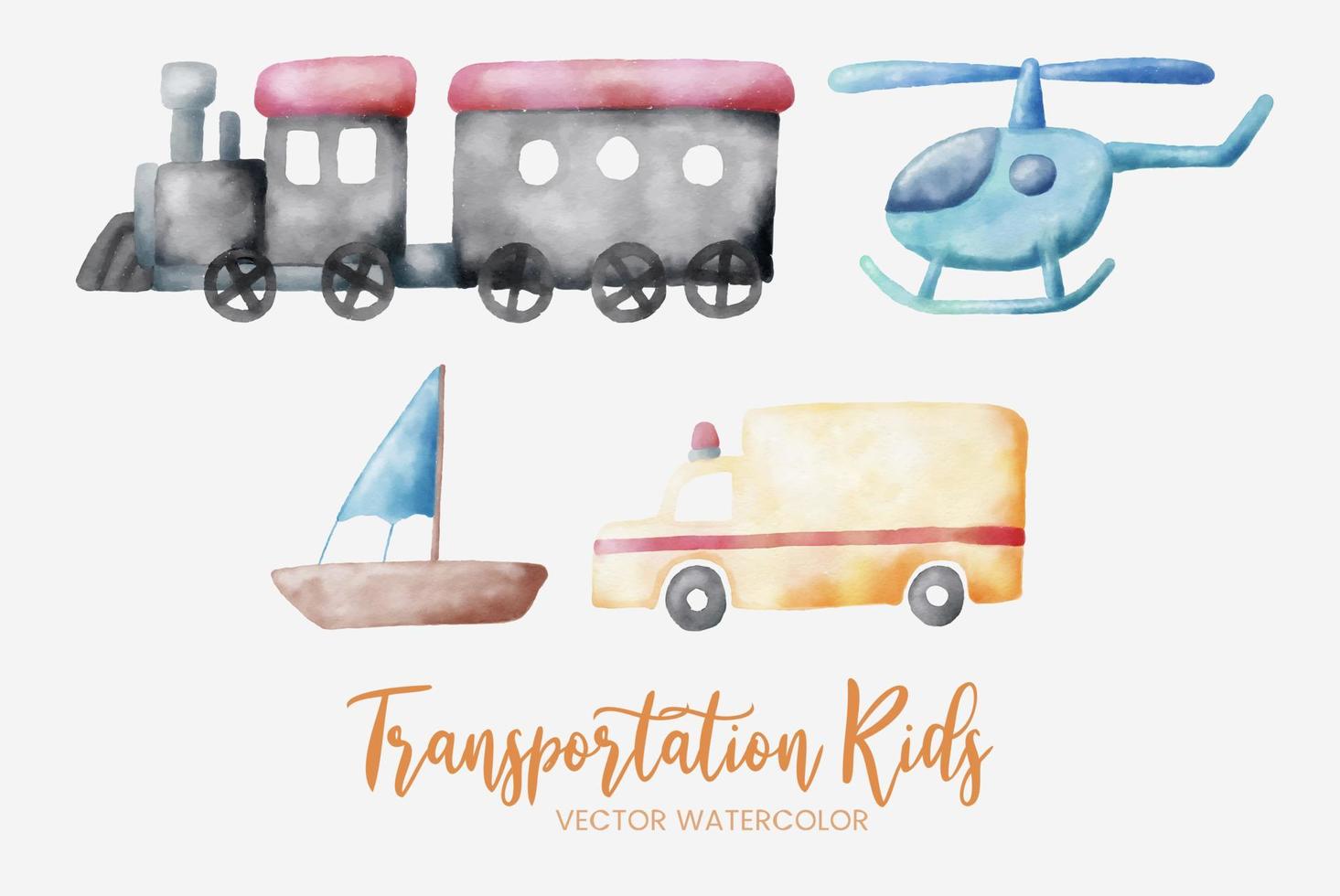 niños transporte tren helicóptero barco y ambulancia conjunto de acuarela colección arte diseño gráfico ilustración vector