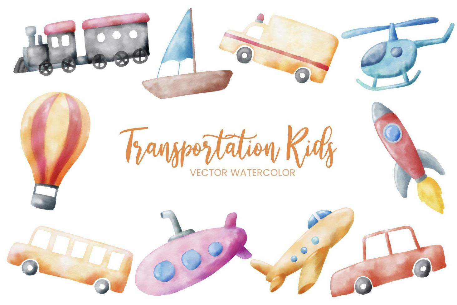 kids transportation watercolor set collection art graphic design illustration vector