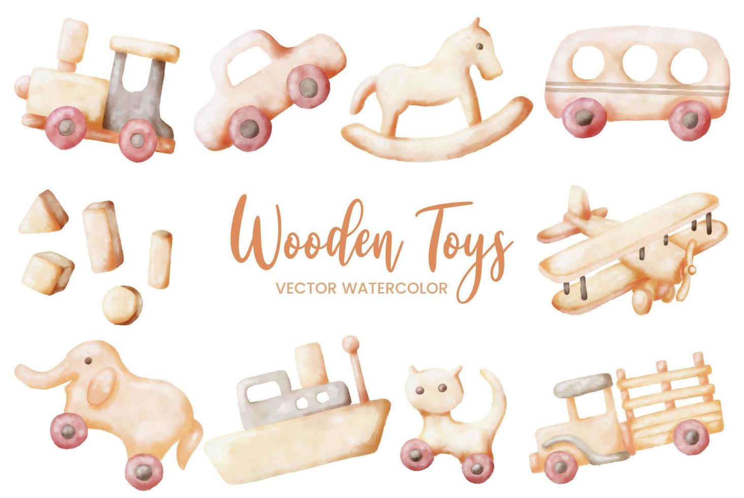 wooden toys watercolor set collection art graphic design illustration vector