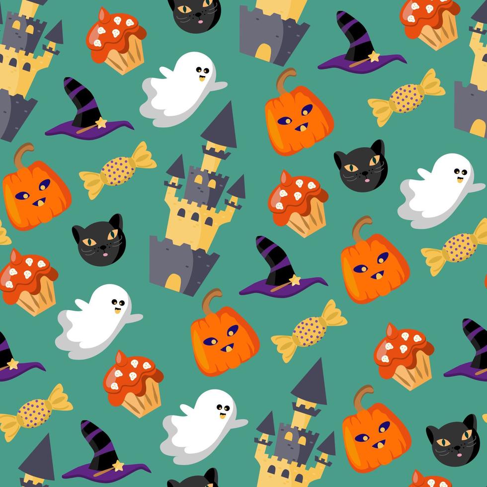 Seamless and endless background with Halloween attributes. Cute ghosts, castle, sweet pastries, pumpkins and a black cat's face on a green background. For the celebration of Halloween. Vector