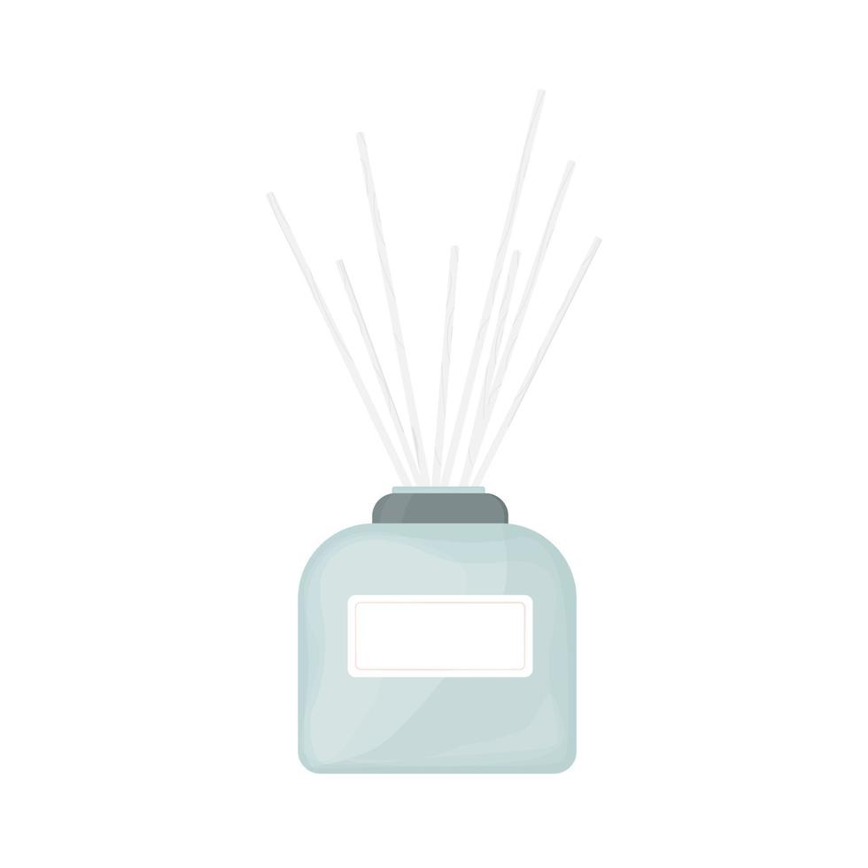 aromadifuser isolated image. minimalistic image in trendy colors of bottle with eau de parfum and bamboo sticks. Intense aromatization. Vector illustration, flat