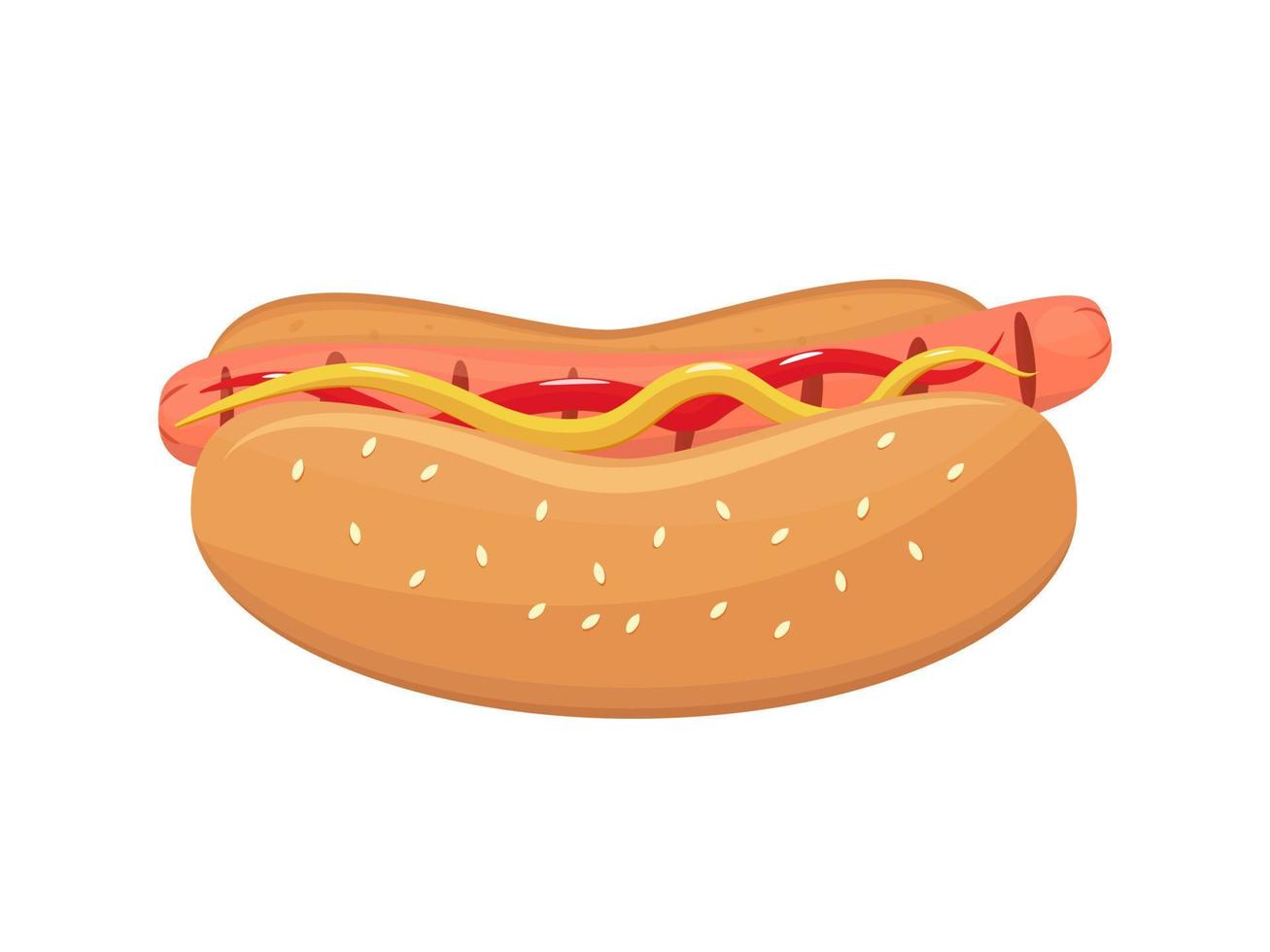 Hotdog isolated. Modern fast food icon. Grilled thin long sausage. Mustard and ketchup on the sandwich. Sausage inside a bun with sesame seeds. Vector illustration, flat