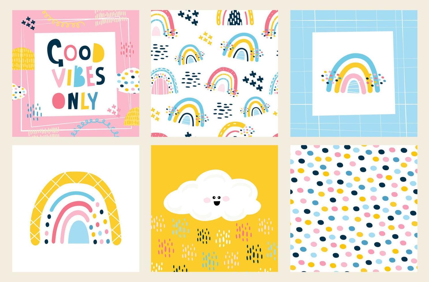 Scandinavian style rainbow. Set for decorating a children's room, birthday, printing on fabric. 2 seamless patterns, 2 isolated elements, print lettering, character. Vector illustration, hand-drawn