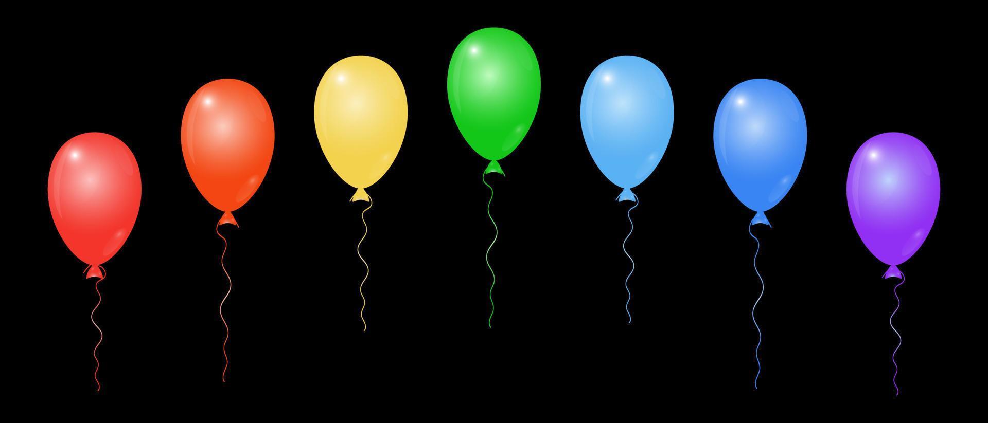 Set of colorful balloons. 7 isolated elements on a black background. Universal design for birthday cards, advertisements, presentations. Delivery of balloons with helium. Vector illustration