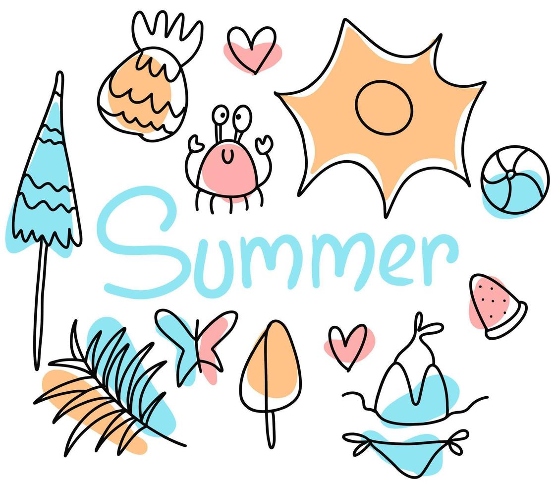 Set of cute summer elements. Sun, palm tree, beach umbrella, calligraphy. vector