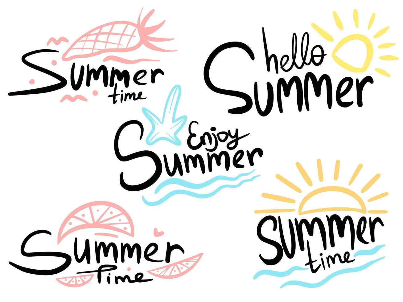 set of Summer labels, logos, hand drawn tags and elements for summer holiday, travel, beach vacation, sun. vector