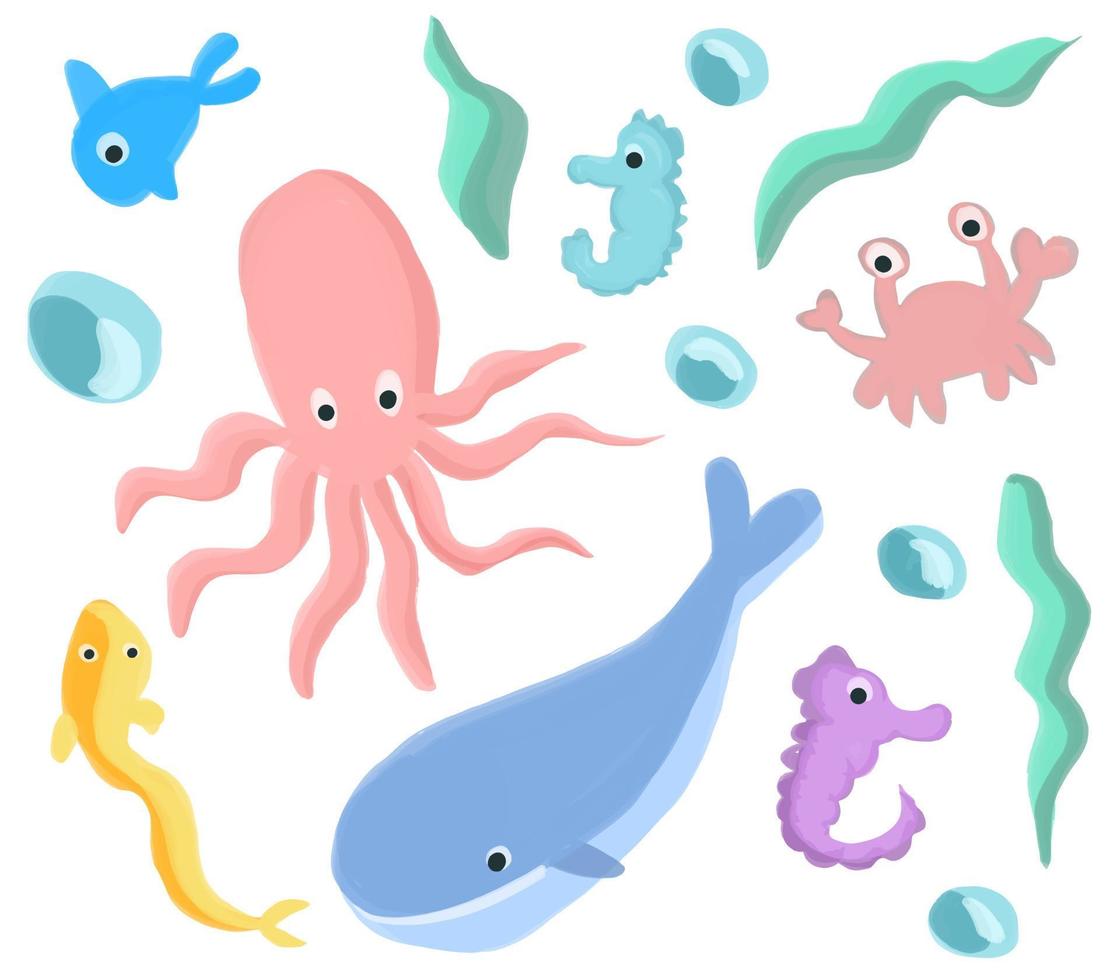 conjunto de iconos de dibujos animados del mundo submarino. peces tropicales, corales, castillos de arena, estrellas de mar, conchas, cangrejos. vector