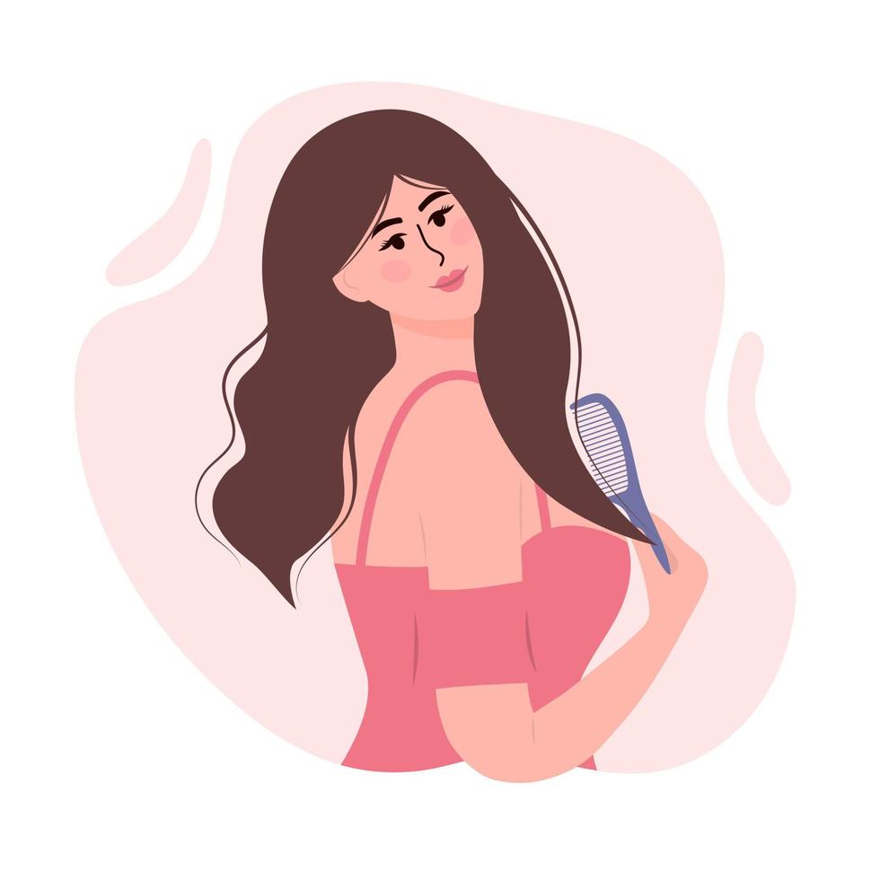 Beautiful woman is combing her hair. Hair care beauty concept and daily self care routine. vector