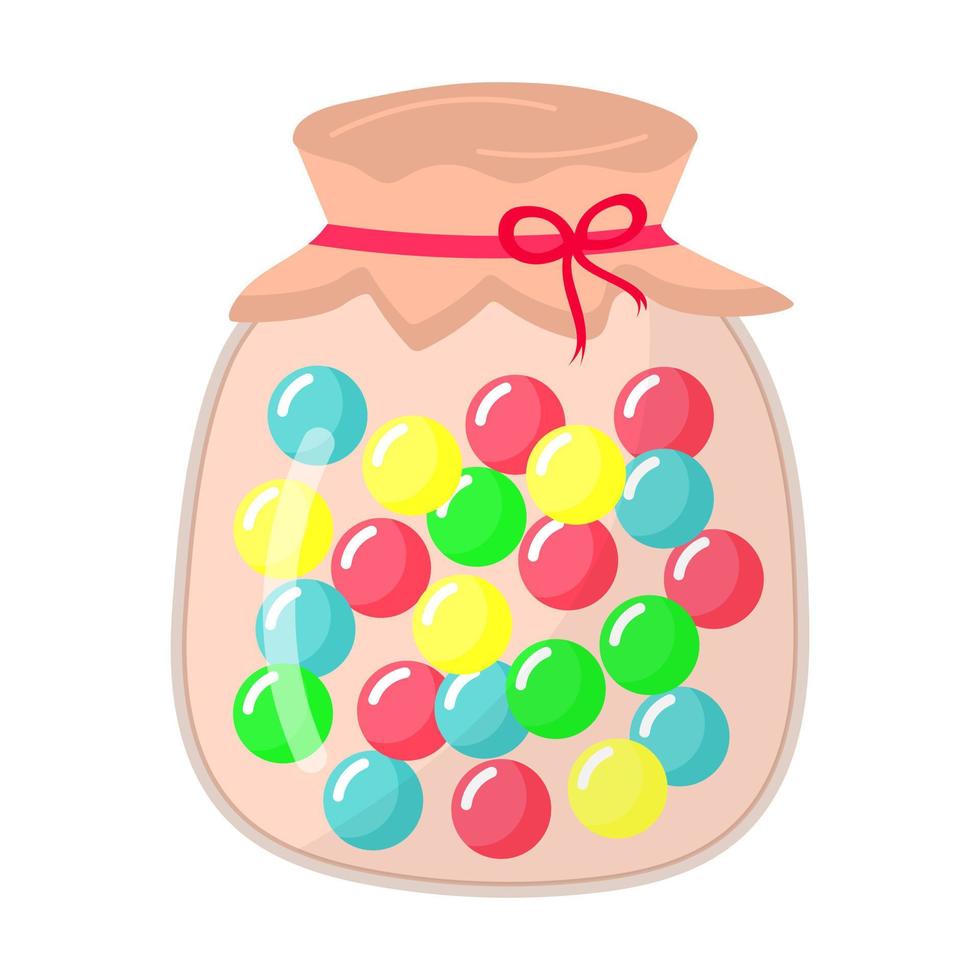 Glass jar with round sweet caramel lollipops. vector