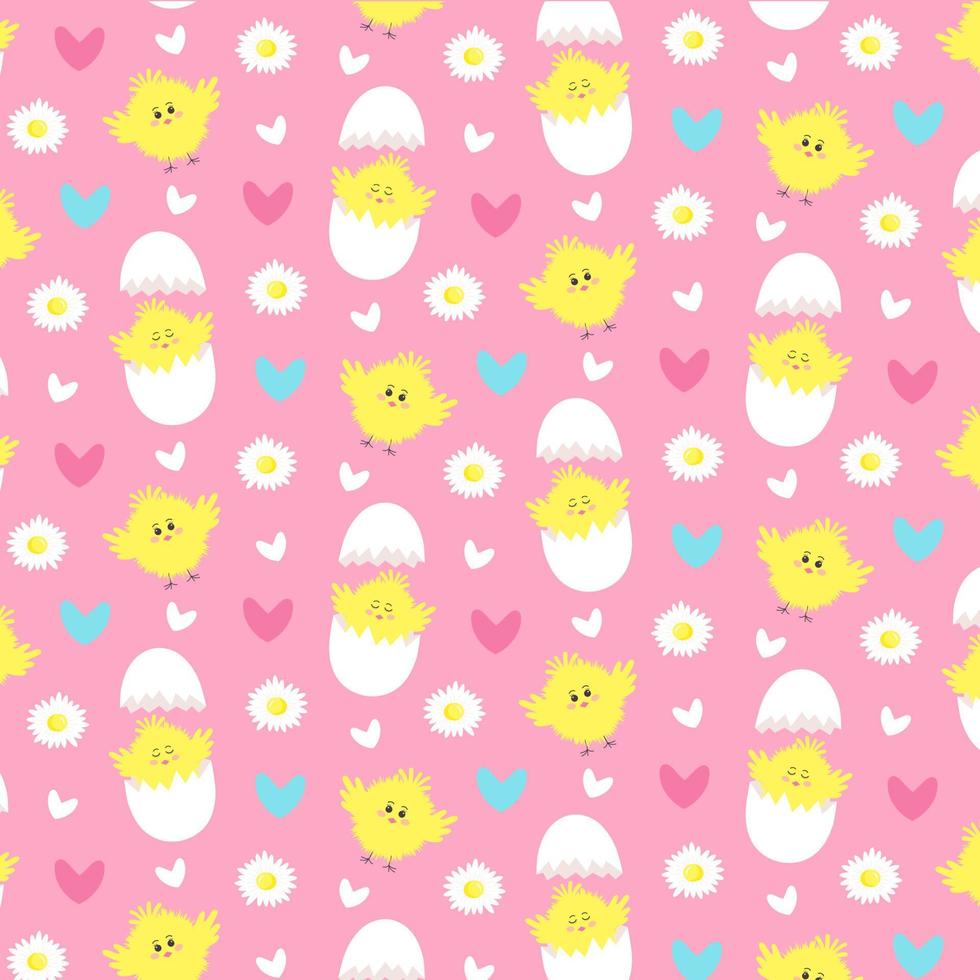 Seamless pattern with cute yellow chickens, egg, daisy flowers and hearts. vector