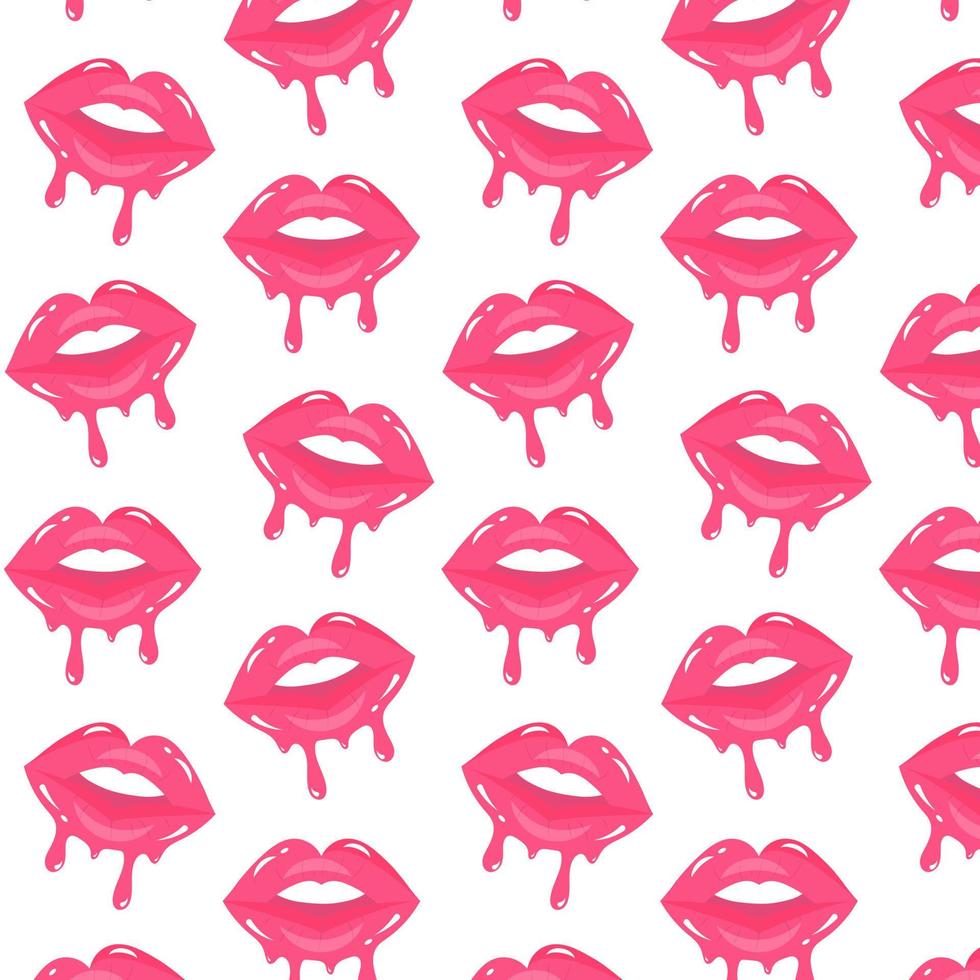 labios brillantes con un patrón sin costuras de pintura rosa goteando. vector