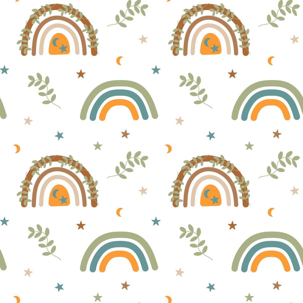 Boho rainbows, twig, star and moon seamless pattern. Scandinavian design background. vector