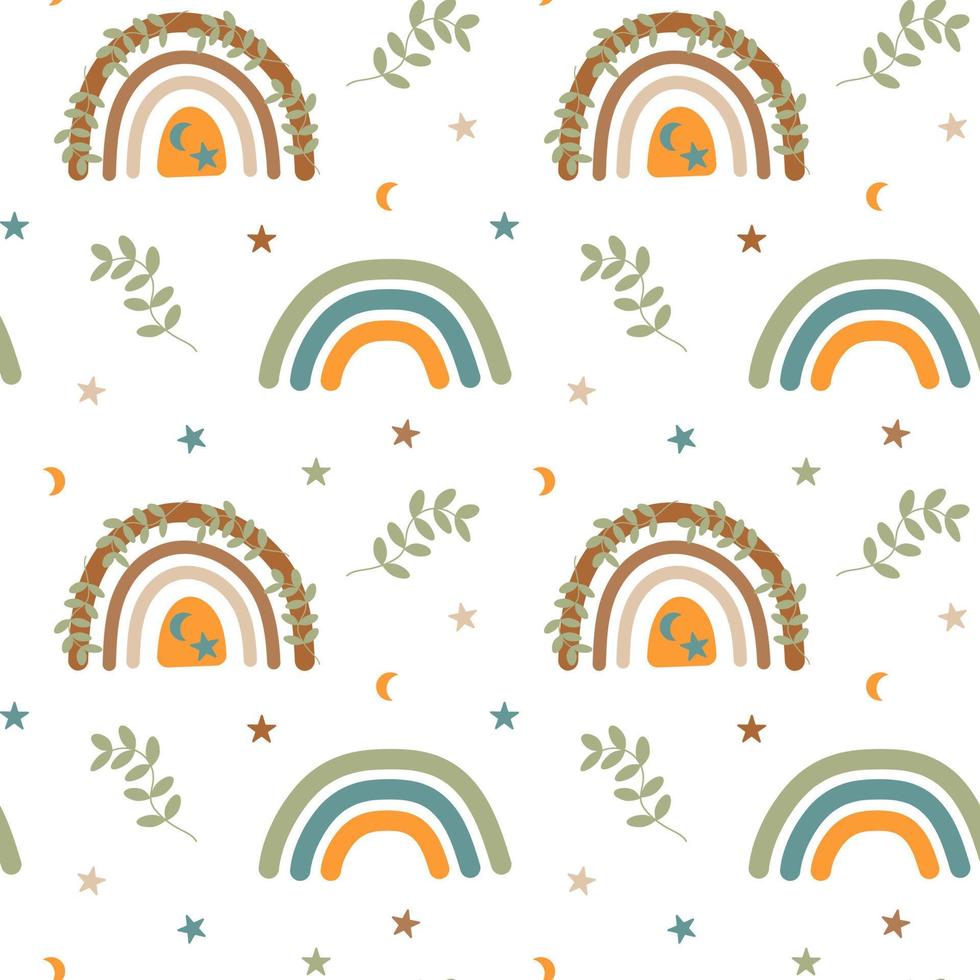 Boho rainbows, twig, star and moon seamless pattern. Scandinavian design background. vector