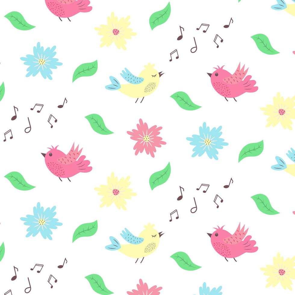Seamless pattern with flowers, leaves and flying and singing birds. vector