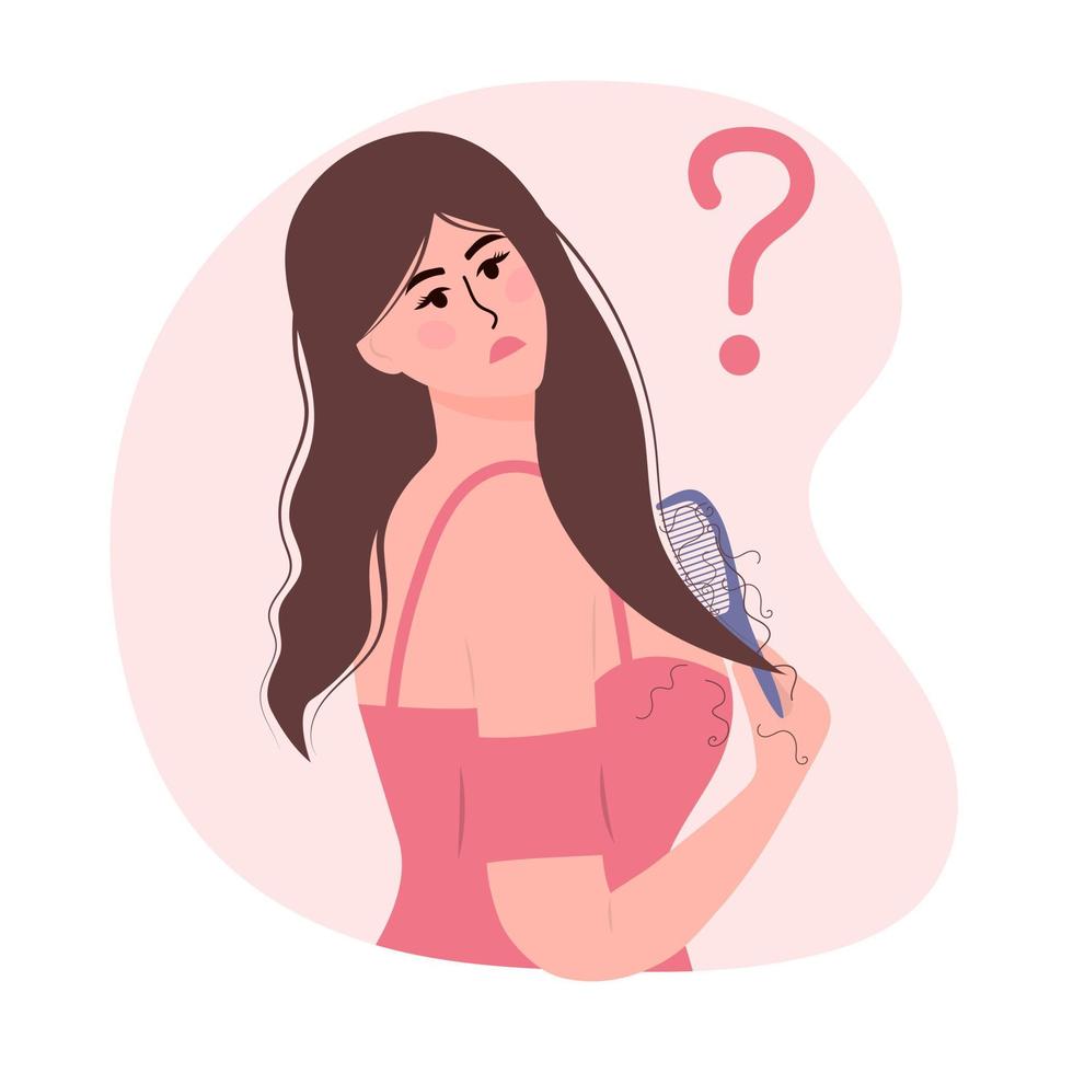 Beautiful woman is combing her hair and suffering from the hair loss. Hair care, alopecia, hair problems, baldness concept. vector