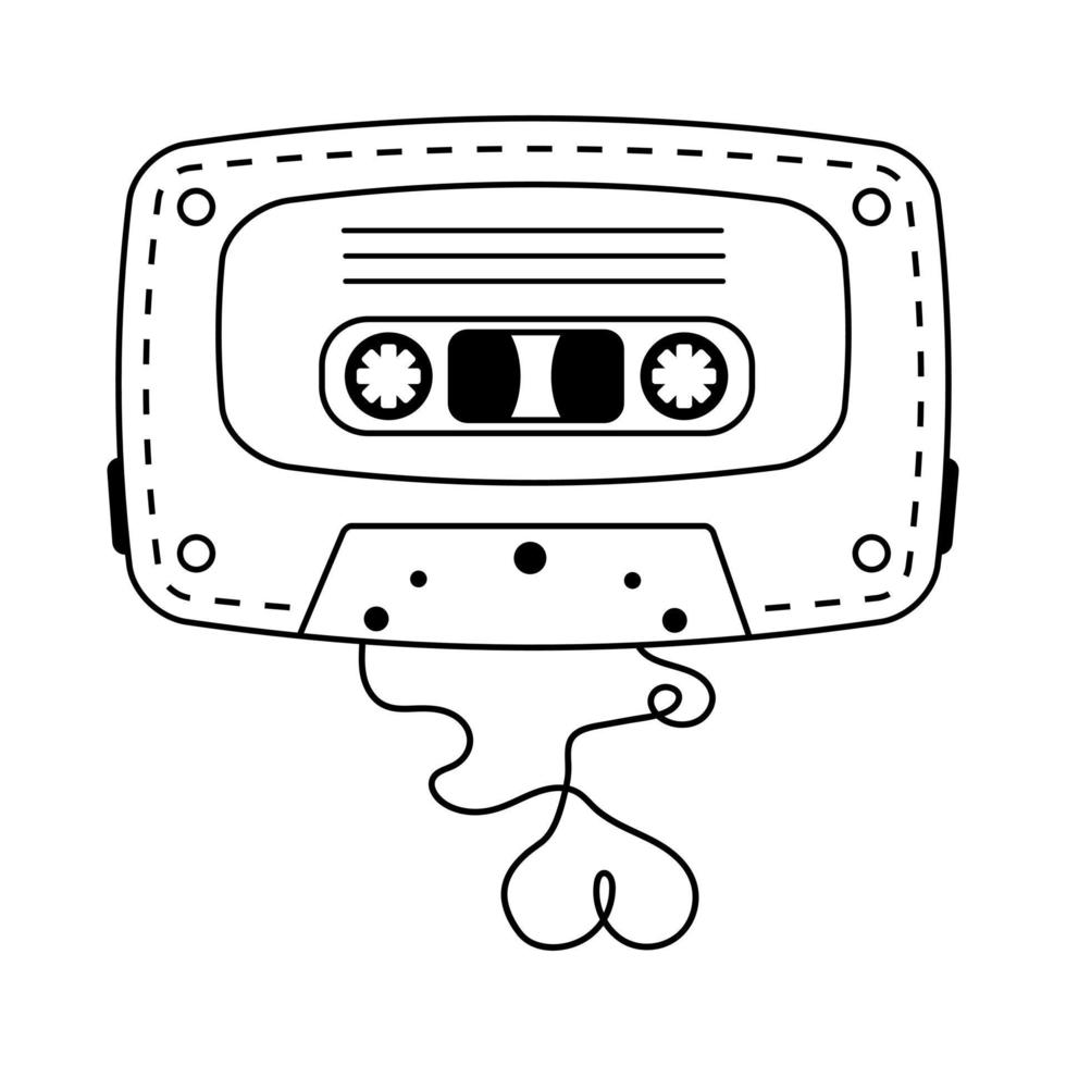 Retro audio cassette in doodle style. Old-fashioned vintage cassette tape ribbon formed heart shaped. vector