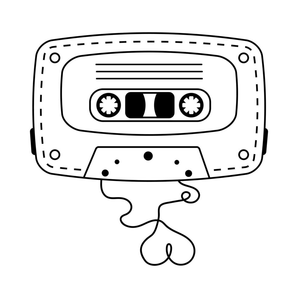 Retro audio cassette in doodle style. Old-fashioned vintage cassette tape ribbon formed heart shaped. vector