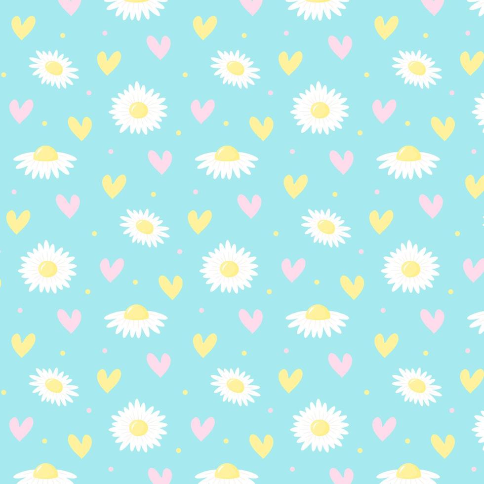 Daisies flowers and hearts pastel seamless pattern. Creative kids texture. vector