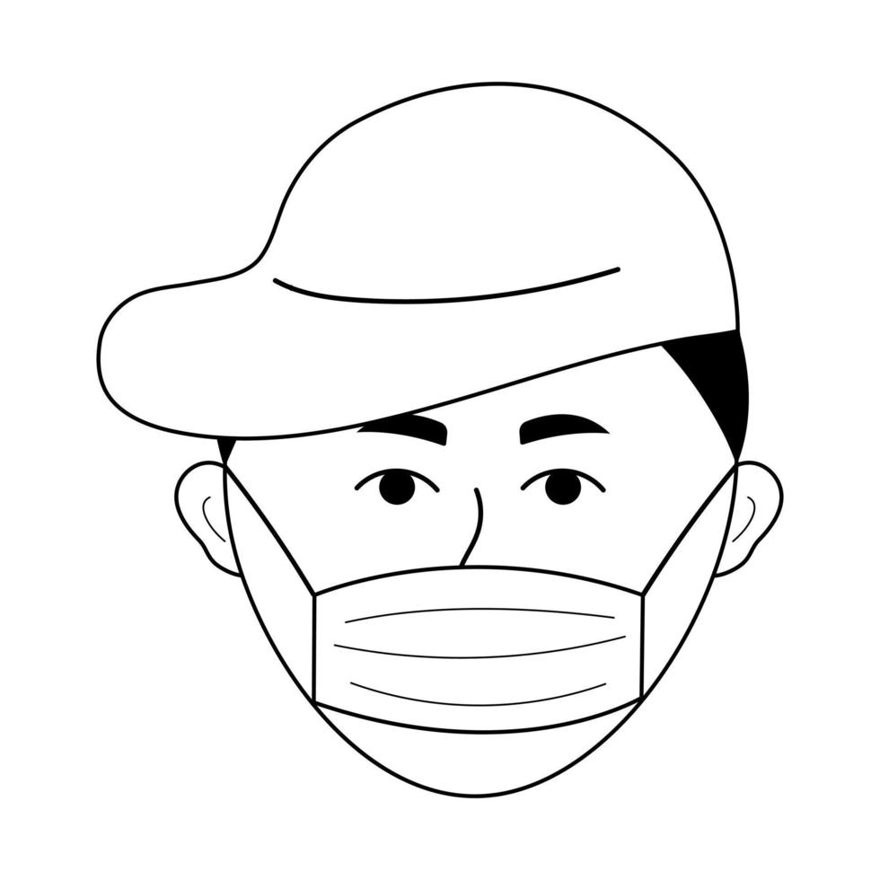Boy face in a cap with medical mask. Avatar of young man in doodle style. vector