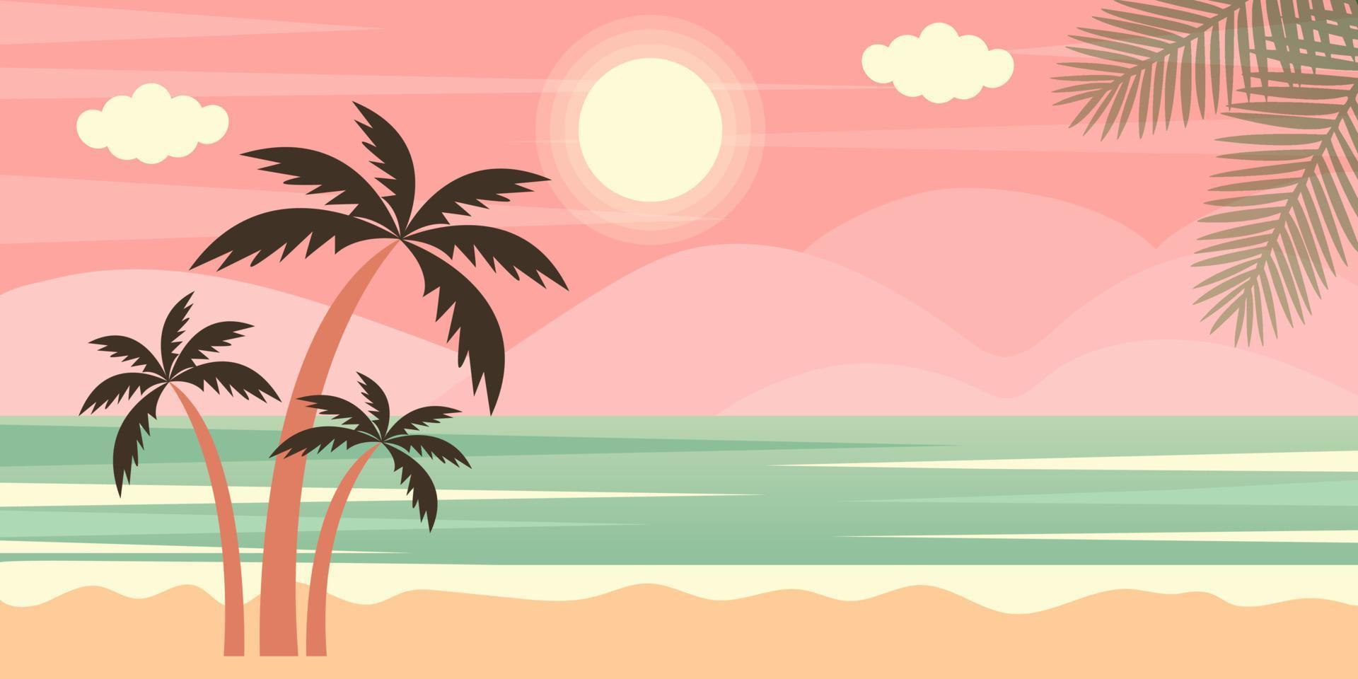 Horizontal seascape with palms and mountains. Tropical summer landscape. vector