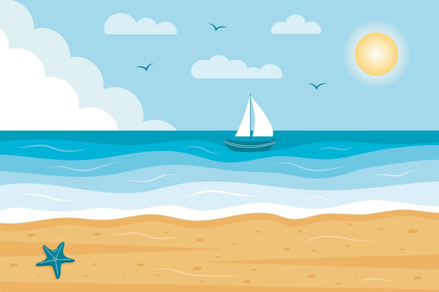 Seascape panorama with sailboat. Tropical beach with starfish. Paradise nature vacation, ocean or sea seashore. vector