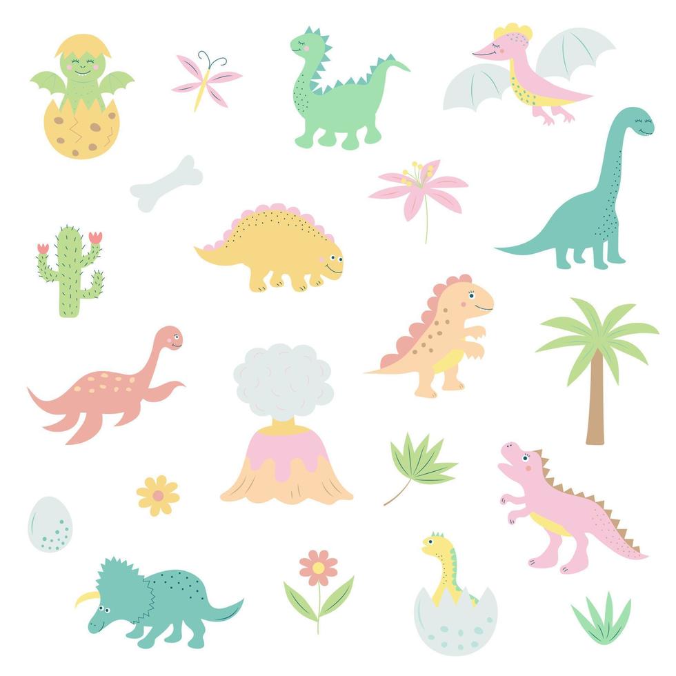 divertidos dinosaurios de dibujos animados y conjunto de elementos prehistóricos. vector