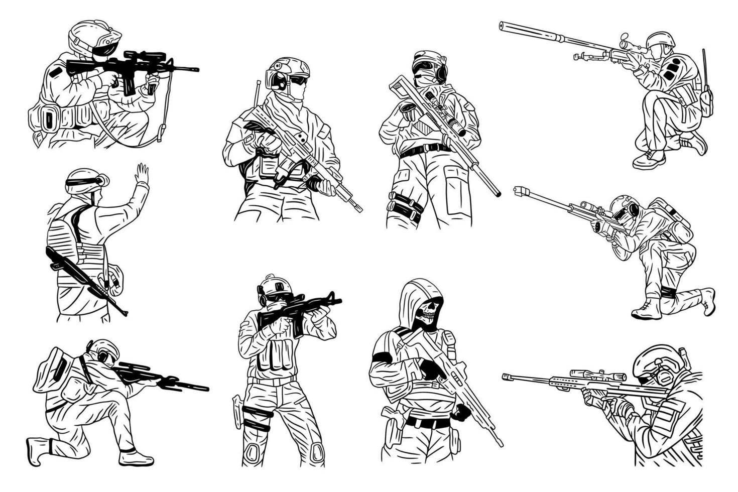 Set Mega Collection Army Military Troops Sniper Stop The War Line Art illustration vector