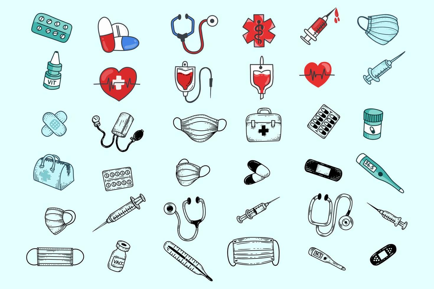 conjunto mega colección paquete médico salud herramientas inyector corazón médico sangre ilustración vector