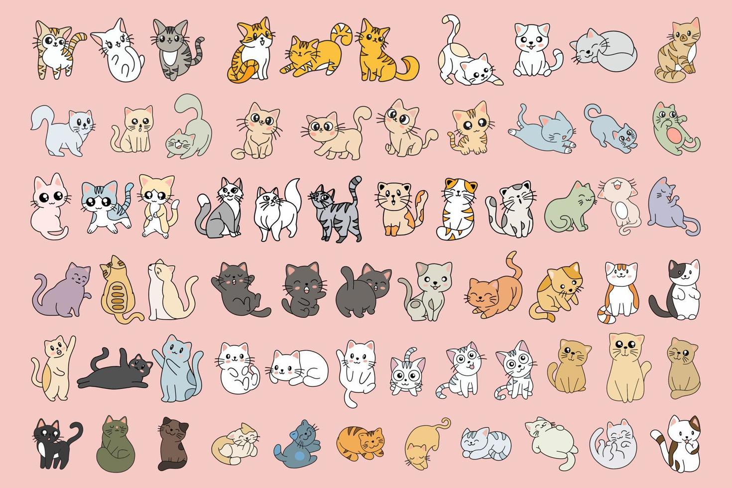 Set Mega Collection Bundle of Cute Cats Kitty Cartoon Animal Pet Character Happy Doodle Clipart flat art illustration vector