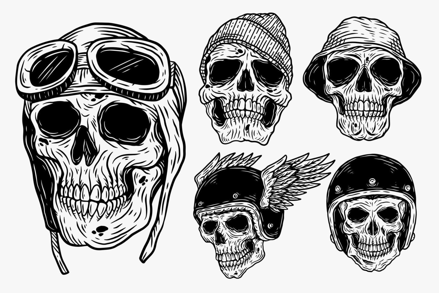 Set Skull Rider Helmet Dark illustration Skull Bones Head Hand drawn Hatching Outline Symbol Tattoo Merchandise T-shirt Merch vintage vector