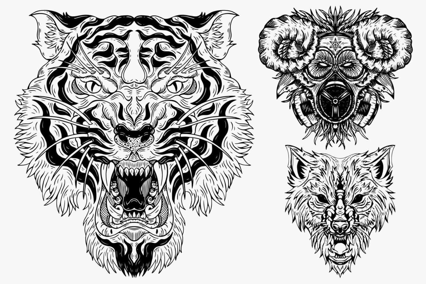 establecer ilustración oscura bestia tigre pantera cabeza huesos dibujado a mano eclosión estilo de contorno para tatuaje mercancía camiseta merch vintage vector