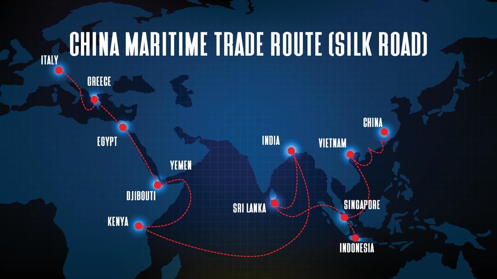 fondo azul abstracto de la ruta de comercio marítimo de china ruta de seda con mapa mundial vector